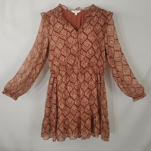 LC Lauren Conrad Floral Chiffon Dress XXL Rust Orange Boho Long Sleeve NWT